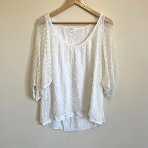 Drew Women's Sheer White Blouse Size S Silk Puff 3/4 Sleeves Lined Scoop Neck